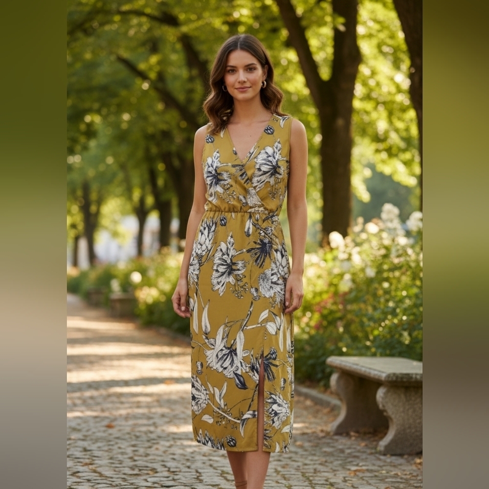 Floral Wrap Style Dress in Mustard Yellow Large New